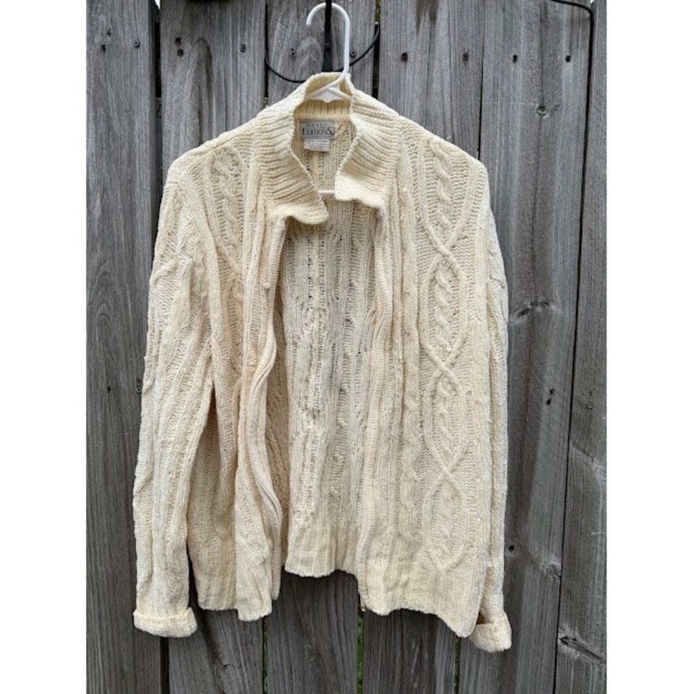 Vintage Grandmacore Basic Editions Cardigan Large Cream Cable Knit Zip Sweater